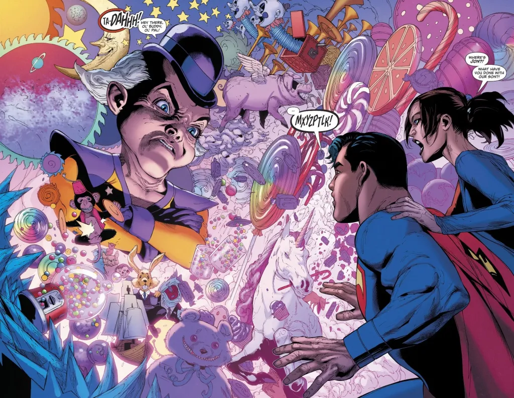 Mr. Mxyzptlk confronting Superman and Lois Lane