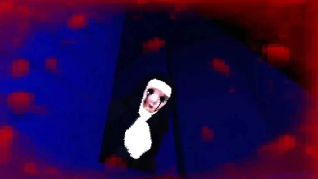game over screen after falling in pit as nun peeks around the corner