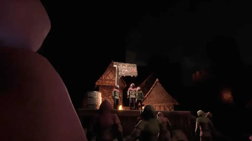 Three pilgrims standing on a stage with the message "The Chosen" on a board above them