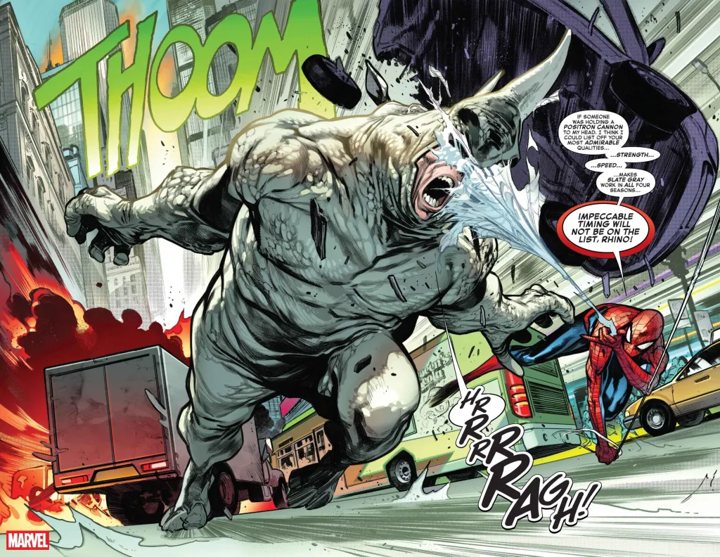 Rhino and Spider-Man fighting out on the streets of New York City in The Amazing Spider-Man #1