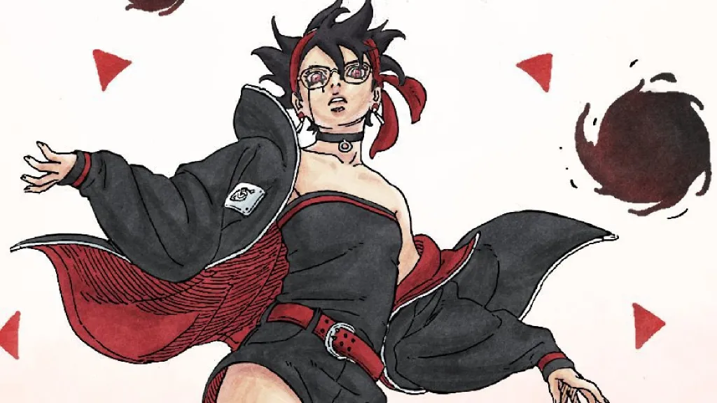 Sarada in front of the Black Holes she created using her Mangekyo Sharingan