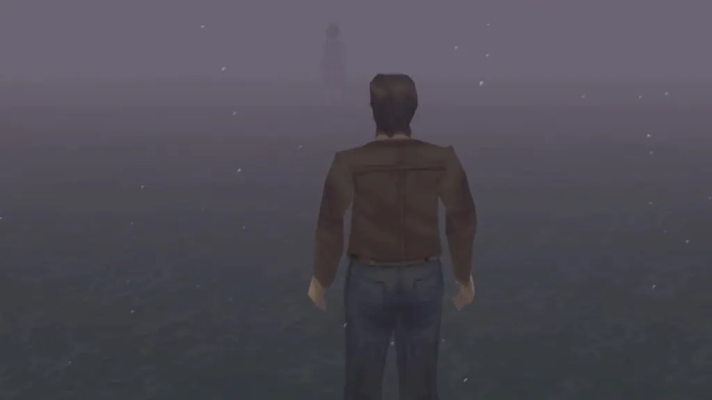 The back of Harry Mason at the start of Silent Hill, looking at a girl in the distance