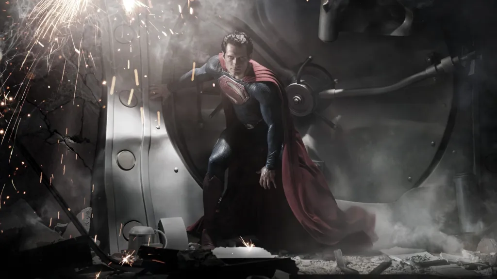 Superman crushing a bank vault door.