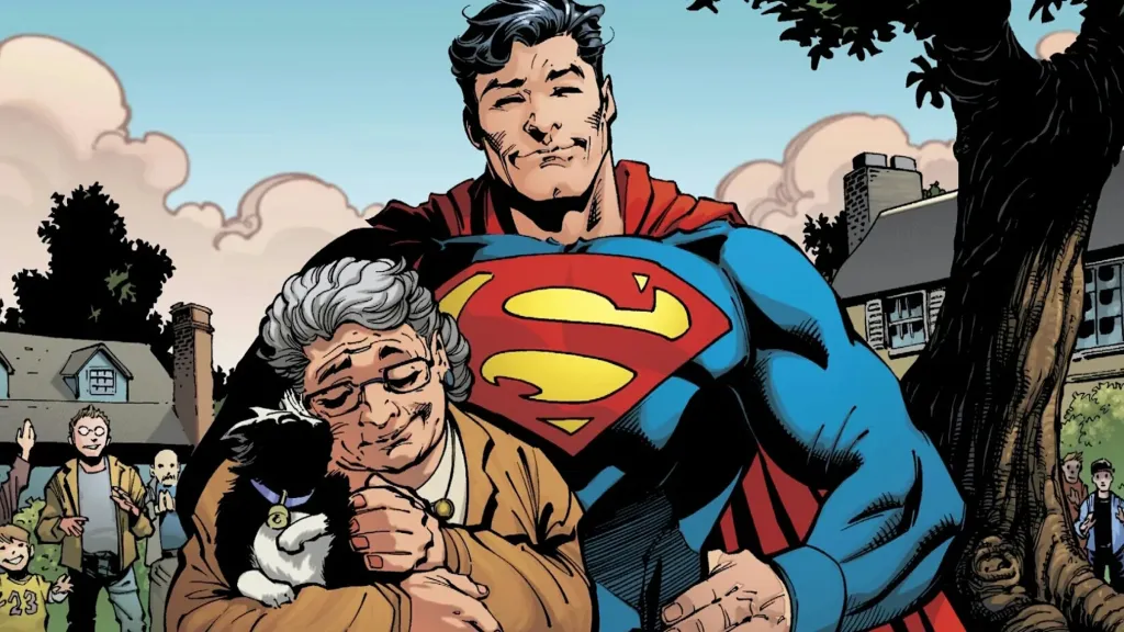 Superman with woman after saving her cat.