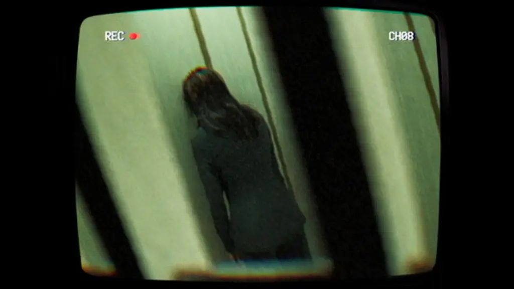Looking at the back of a woman facing a wall, through a window pane