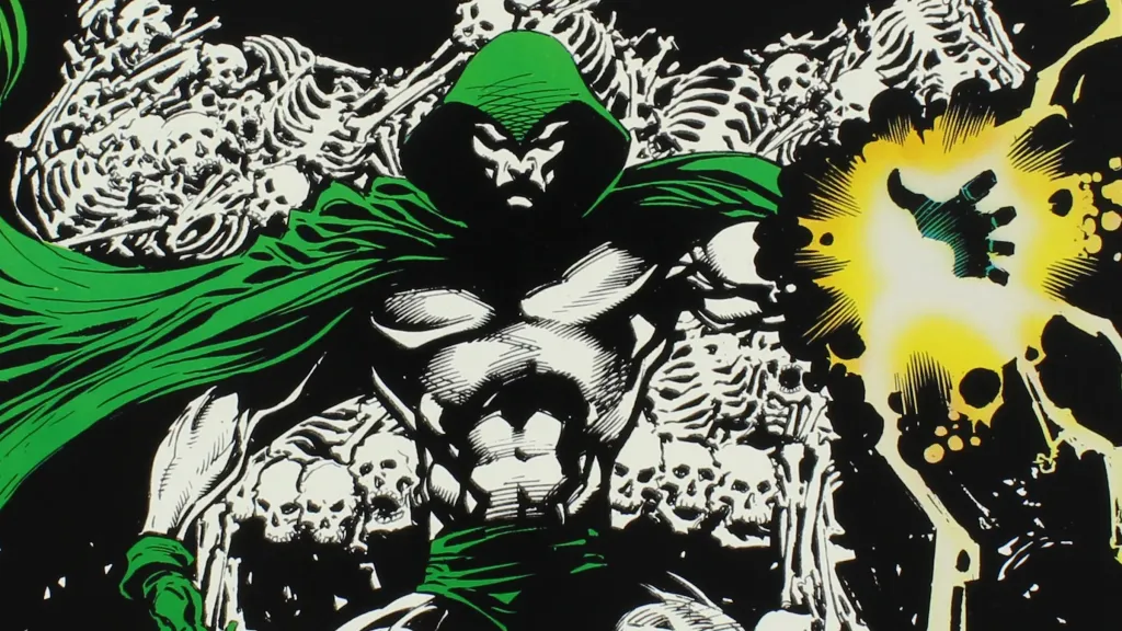 The Spectre standing in front of piles of bones with hsi hand wreathed in energy