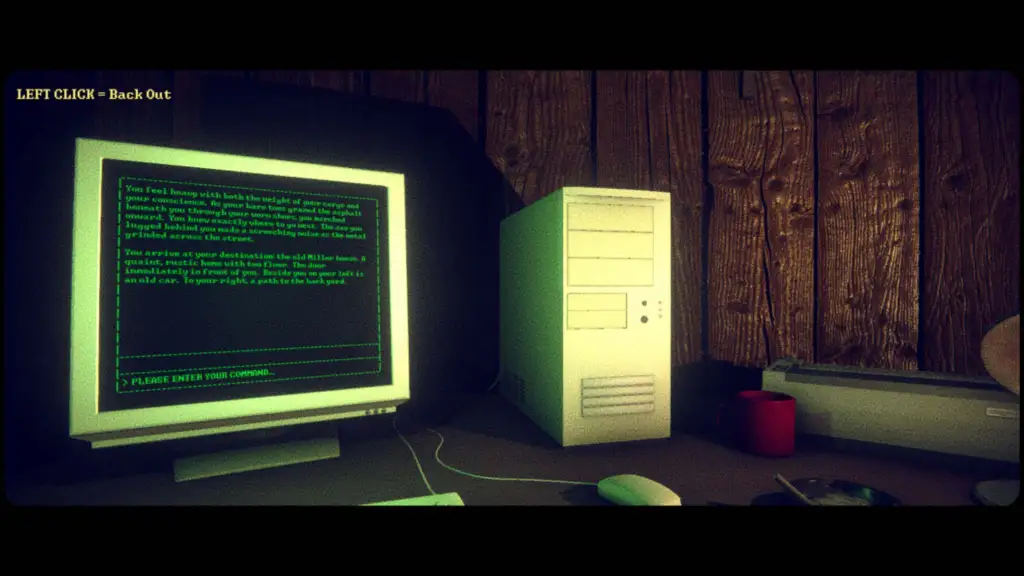 Looking at the computer and keyboard, sitting at the desk in We Never Left