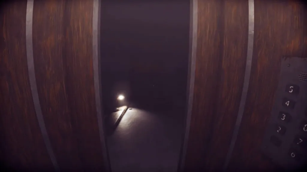 Standing inside the elevator, looking out at a single floor lamp