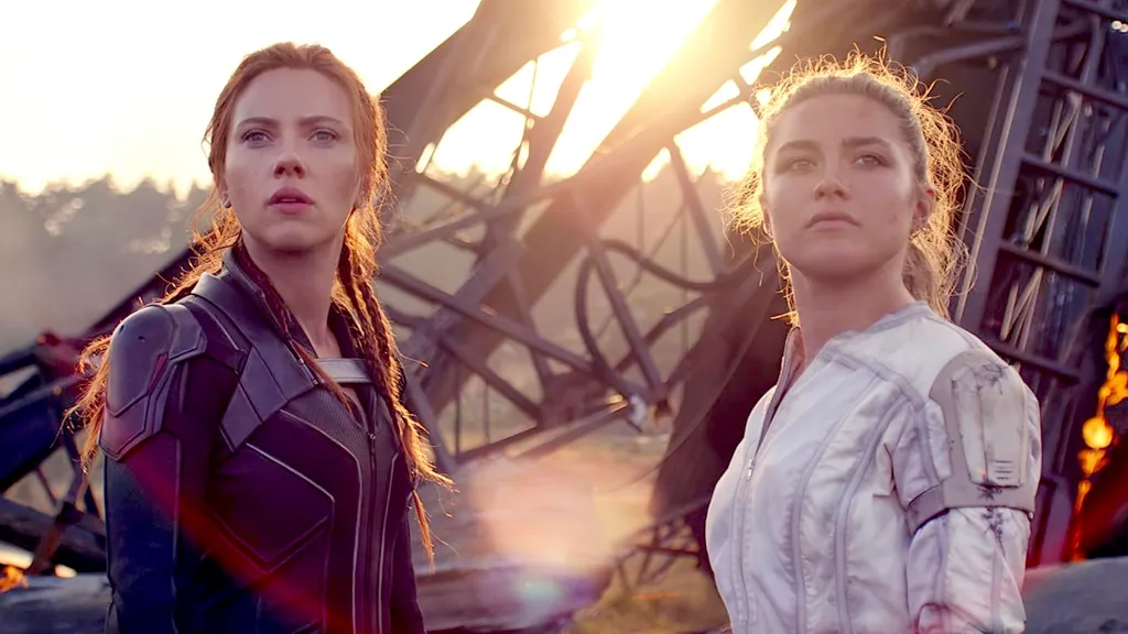 Scarlett Johansson as Natasha Romanoff and Florence Pugh as Yelena Belova in Black Widow