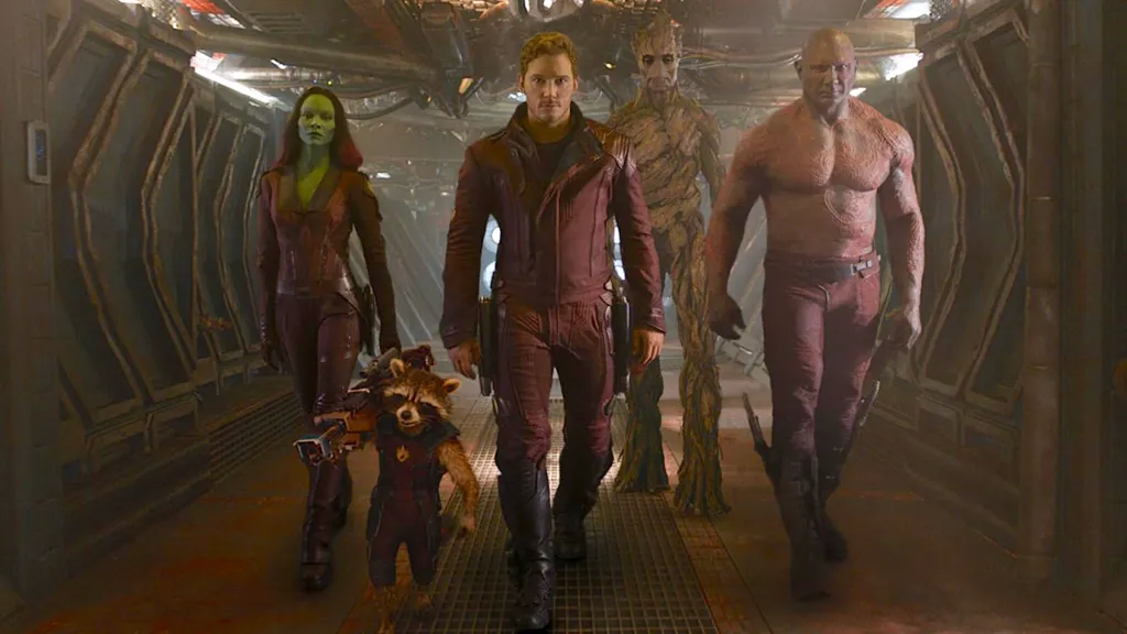 Zoe Saldaรฑa as Gamora, Bradley Cooper as Rocket, Chris Pratt as Peter Quill, Vin Diesel as Groot, and Dave Bautista as Drax in Guardians of the Galaxy