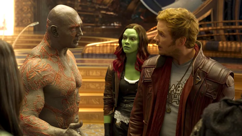 Dave Bautista, Zoe Saldaña, and Chris Pratt in Guardians of the Galaxy Vol. 2.