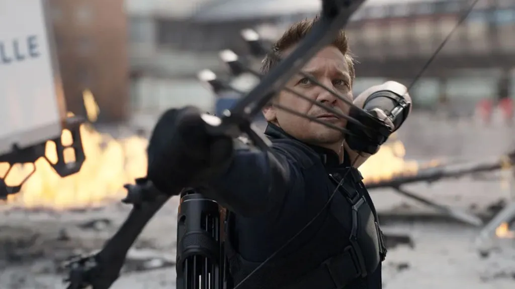 Hawkeye getting ready to fire his bow in Captain America: Civil War.
