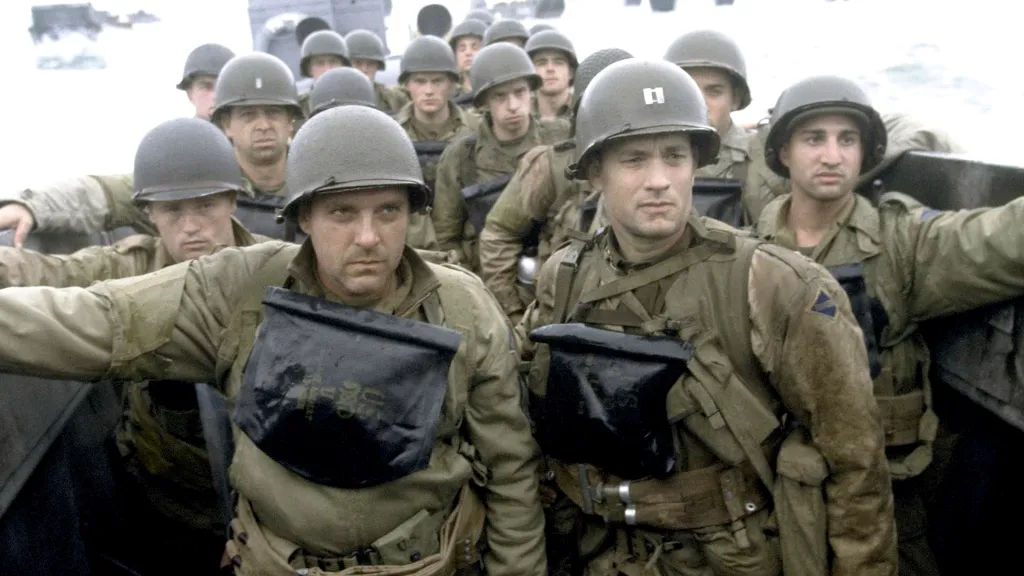 Tom Hanks. Tom Sizemore, and others on landing boat in Saving Private Ryan