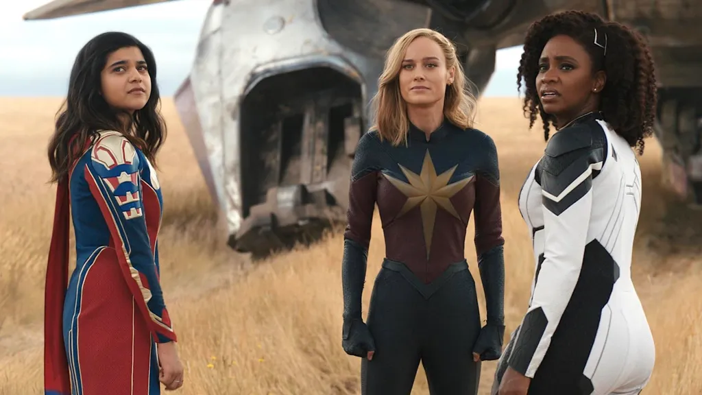 Iman Vellani, Brie Larson, and Teyonah Parris in The Marvels