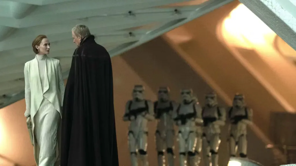 Genevieve O’Reilly as Mon Mothma and Stellan Skarsgard as Luthen Rael in Andor Season 2, Episode 9 -- "Welcome to the Rebellion"