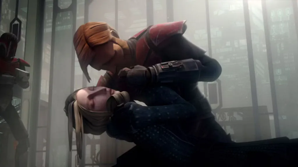Satine Kryze dies in Obi-Wan's arms in Star Wars: The Clone Wars.