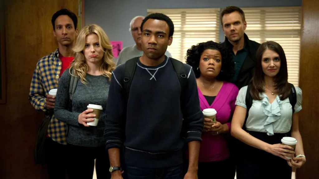 Abed, Britta, Pierce, Troy, Shirley, Jeff, and Annie in Community