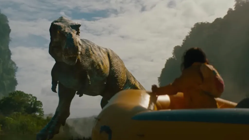 Jurassic World Rebirth T-Rex chasing raft