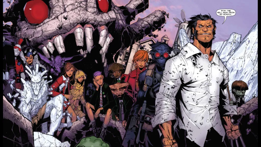 Wolverine standing with members of his X-Men team - Beast, Iceman, Kitty Pryde, Rachel Grey, Quentin Quire, Oya, Toad, Bamfs, and Krakoa