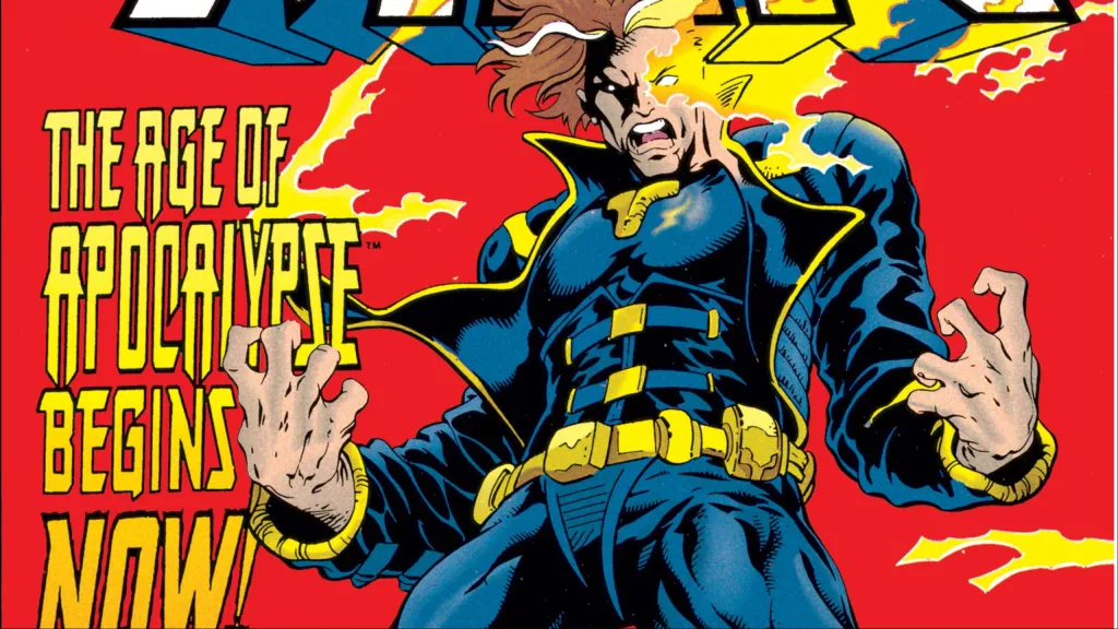 X-Man using his energy powers next to the words "The Age of Apocalypse Begins Now!'"