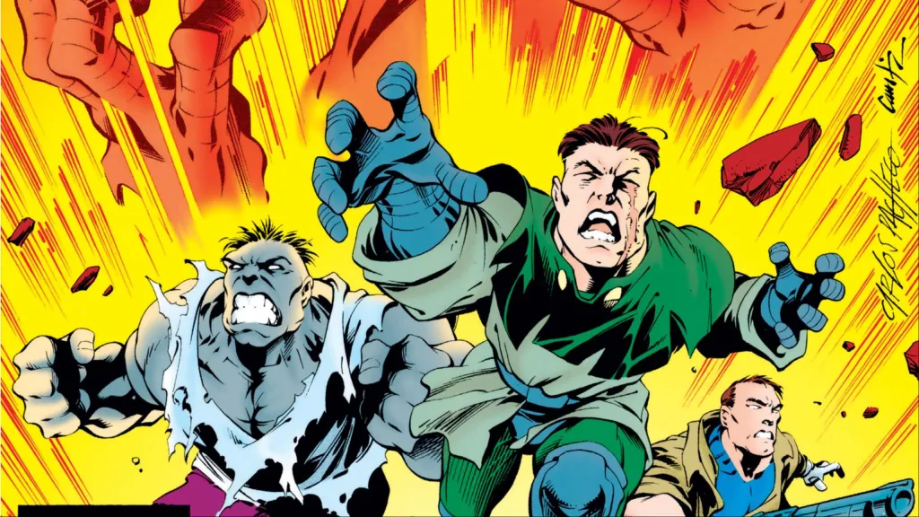 Victor Von Doom, the Hulk, and Ben Grimm running from an explosion