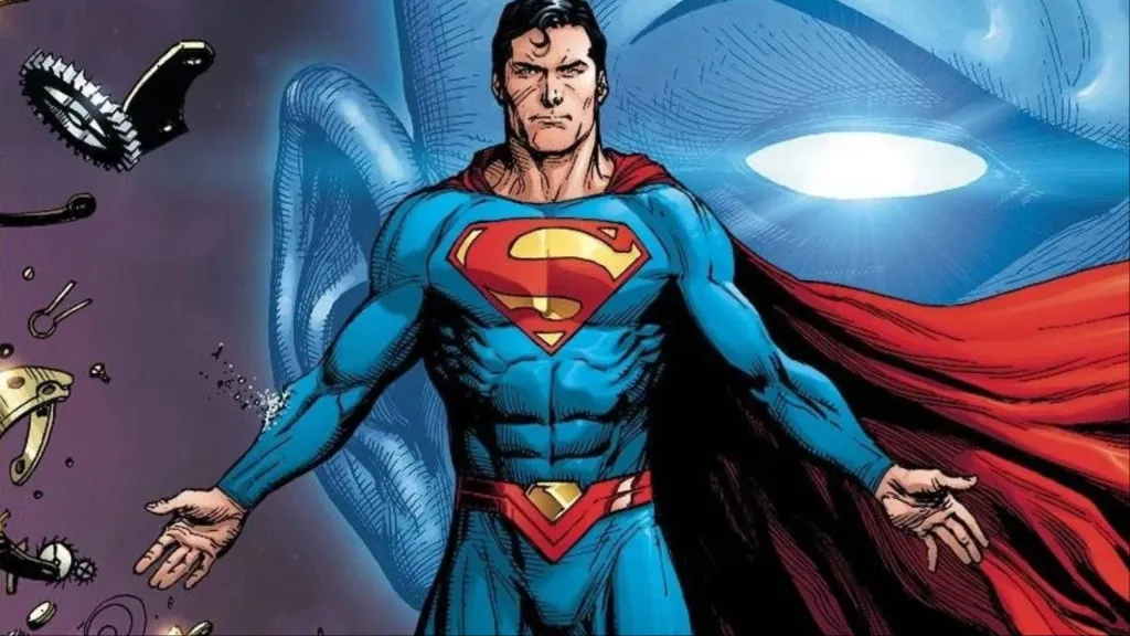 Superman with his arms outstretched with Doctor Manhattan's head behind him, and watch parts to his right