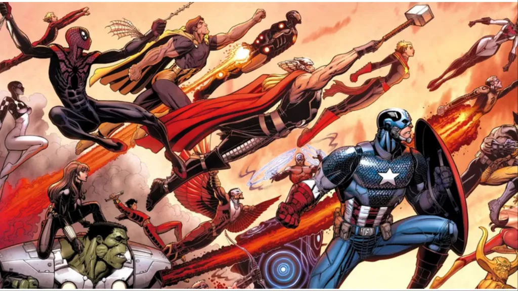 Captain America leading the Avengers into battle