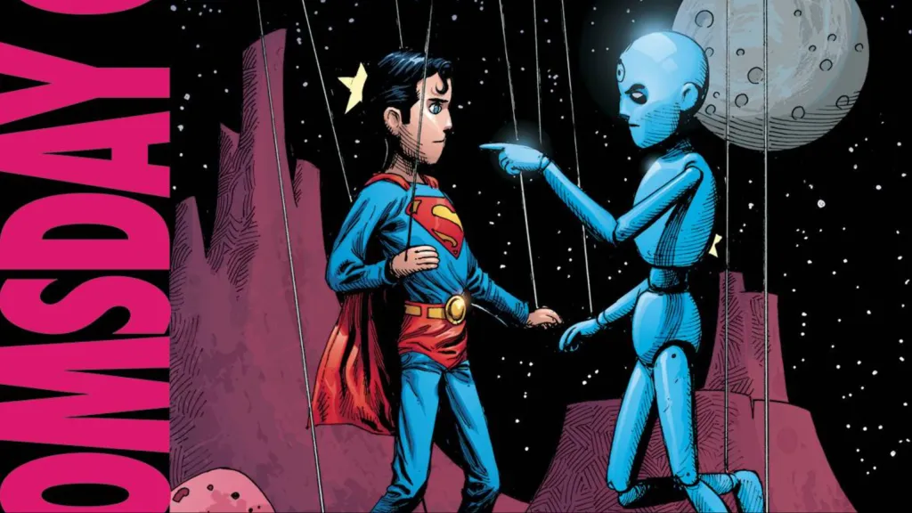 Puppets of Superman and Doctor Manhattan confronting each other