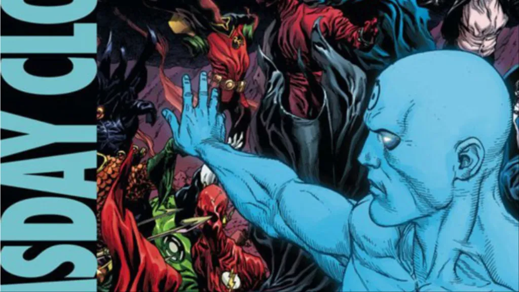 Doctor Manhattan holding his arm out while the costumes of DC's greatest heroes drop to the ground empty