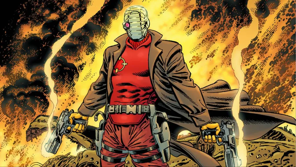 Deadshot in a trenchcoat, holding two smoking guns, while everything burns behind him
