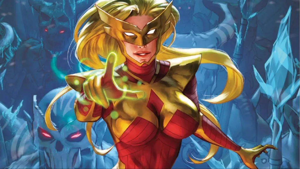 Moonstone reaching her hand out in front of a bunch villainous visages