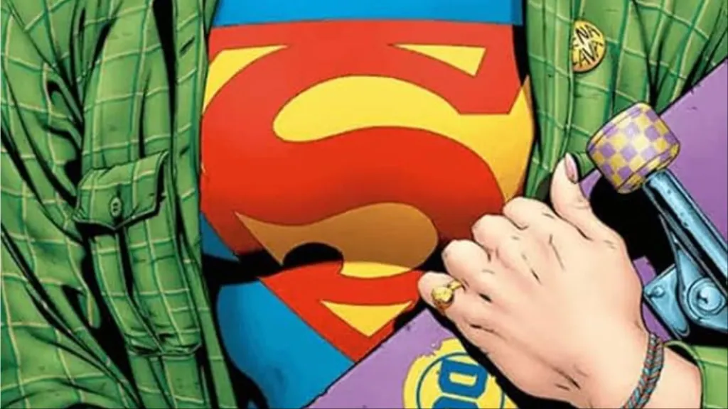 Supergirl clasping a skateboard across her chest with a jacket