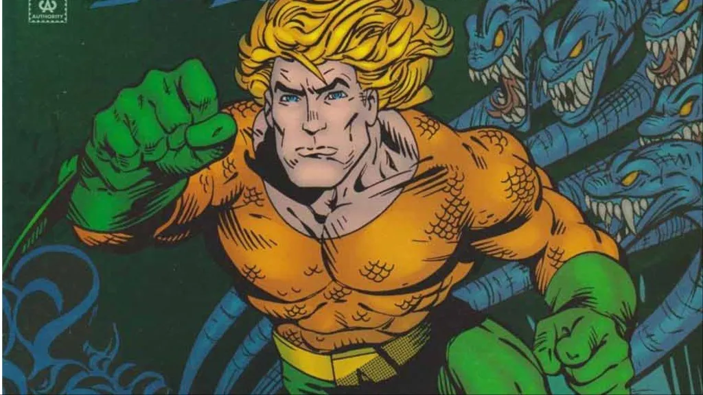 Aquaman swimming in front of sea snakes
