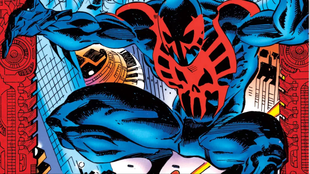 Spider-Man 2099 jumping through the sky