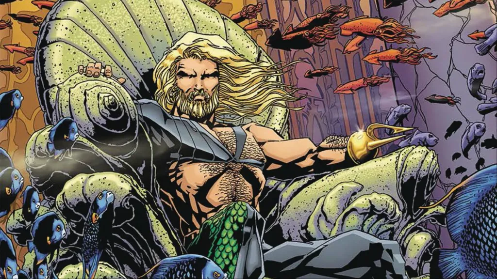 Aquaman sitting on his undersea throne