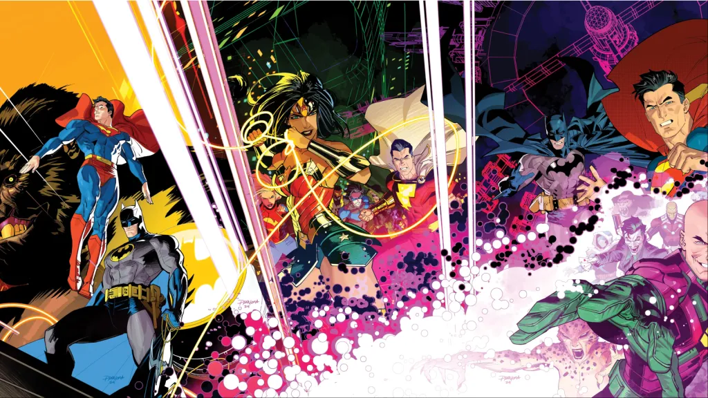 Gorilla Rodd, Superman, Batman, Wonder Woman, Shazam, and Lex Luthor in preview art for "We Are Yesterday"