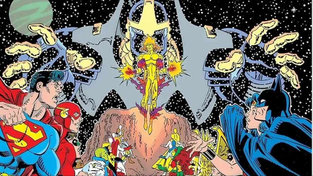 The Monarch and Waverider floating above Superman, Batman, and the other heroes of the DC Universe