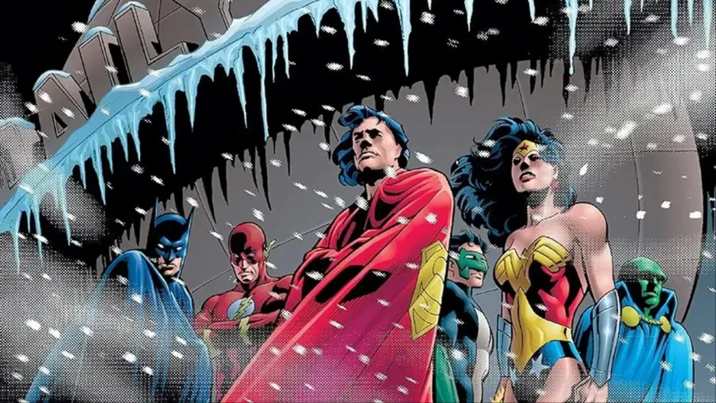 Green Lantern, the Flash, Superman, Batman, Wonder Woman, and Martian Manhunter standing tgoetehr as snow freezes around them