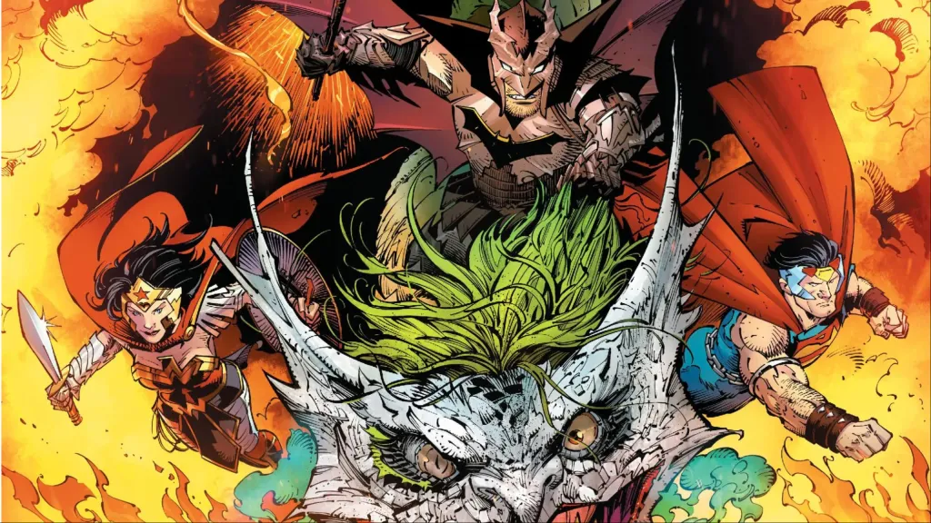 Wonder Woman, Batman, and Superman flying with a Joker dragon