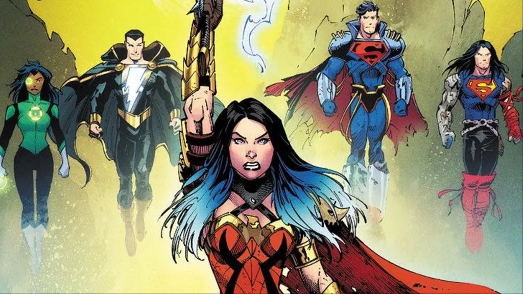 Wonder Woman with her arm raised, and Jessica Cruz, Black Adam, Superboy-Prime, and Superman behind her