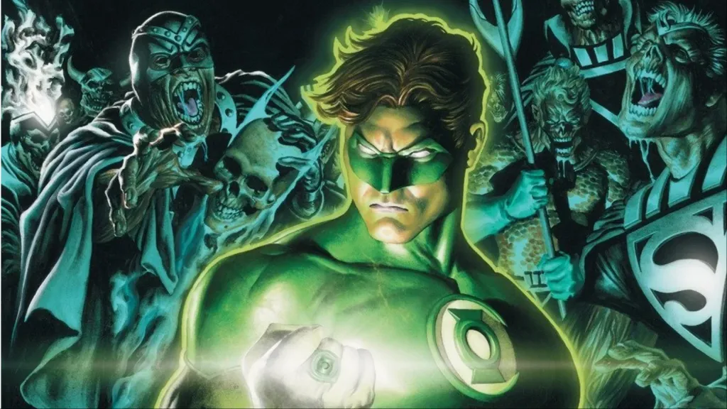 Green Lantern surrounded by Black Hand, who's clutching Batman's skull, and zombified DC heroes