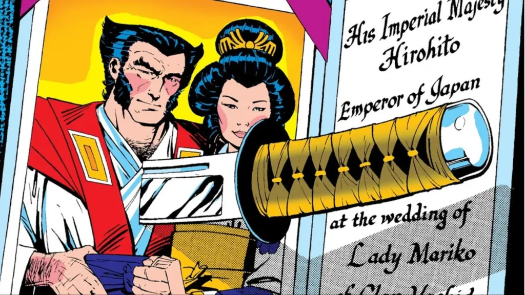 Wolverine and Mariko Yoshida's wedding invitation with a sword through Wolverine's chest