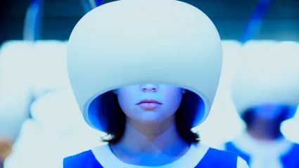 A woman wearing a hi-tech helmet in Predestination