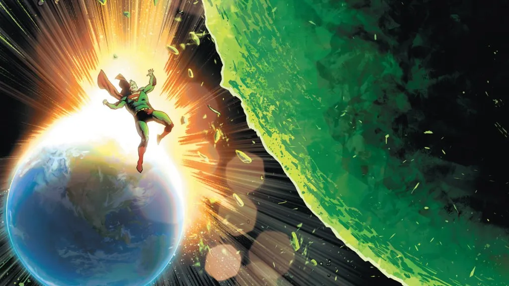 Superman falling away from a giant Kryptonite meteor