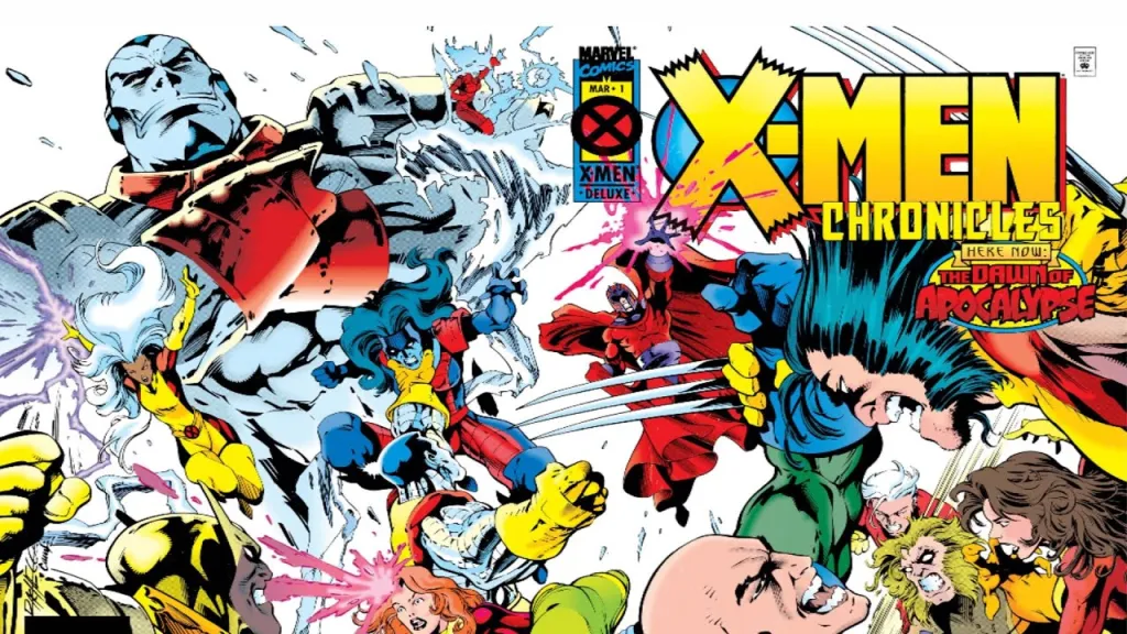 Apocalypse overlooking a battle between his Horsemen and Magneto's X-Men