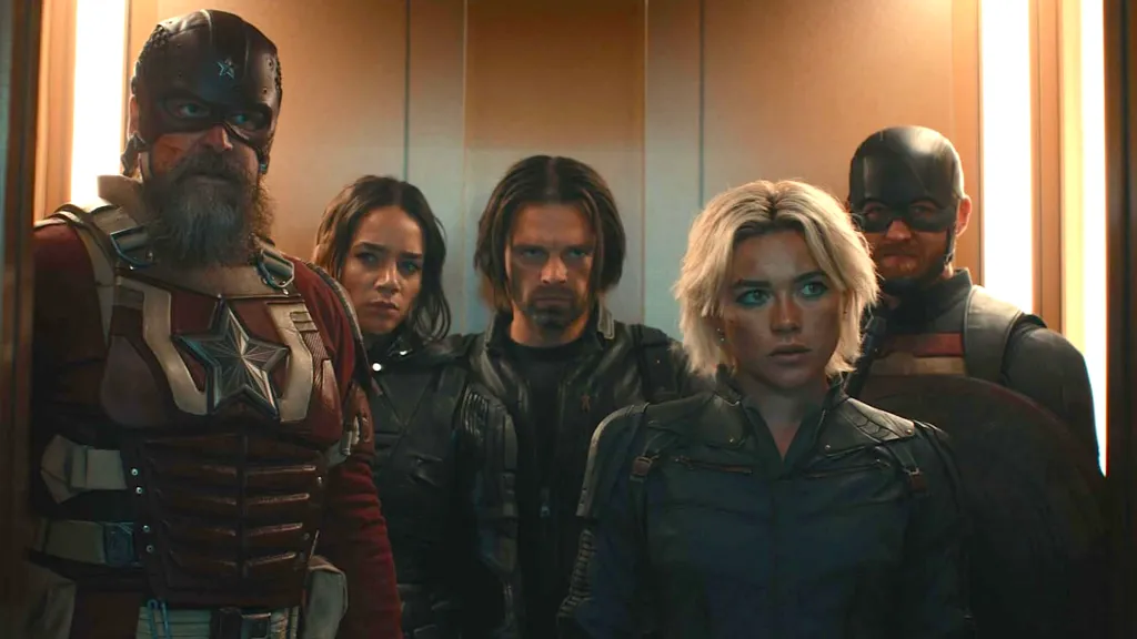 David Harbour, Hannah John-Kamen, Sebastian Stan, Florence Pugh, and Wyatt Russell in Thunderbolts*