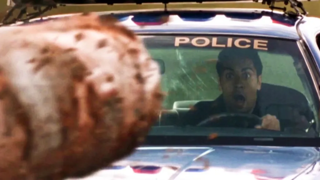 Log about to hit police officer