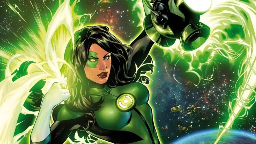 Jessica Cruz flying through space, her ring lit, holding her Green Lantern power battery
