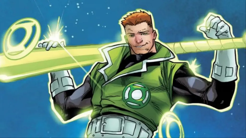 Guy Gardner, holding an energy bat over his shoulders