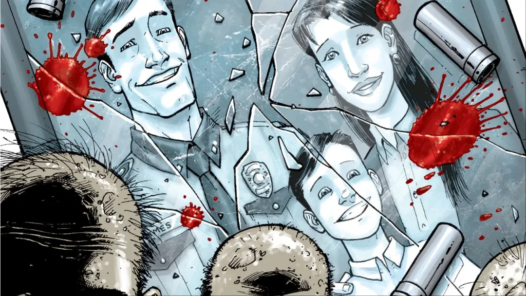 A broken, blood covered picture of Rick, Carl, and his wife with zombies in the foreground